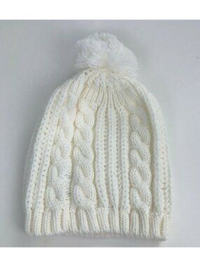 AMIEE LYNN Cable Knit Beanie Womens One Size Ivory Hat Pom Soft Beige Girl NEW